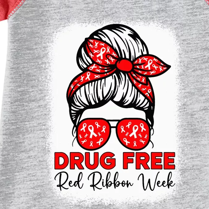 Drug Free  Red Ribbon Week Awareness Messy Bun Bleached Infant Baby Jersey Bodysuit