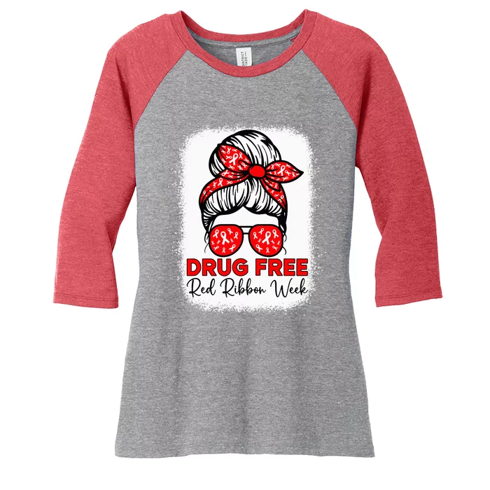 Drug Free  Red Ribbon Week Awareness Messy Bun Bleached Women's Tri-Blend 3/4-Sleeve Raglan Shirt