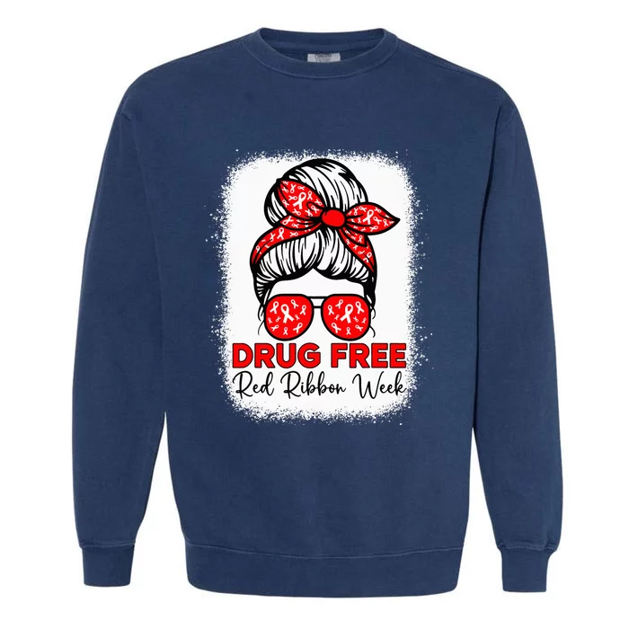 Drug Free  Red Ribbon Week Awareness Messy Bun Bleached Garment-Dyed Sweatshirt