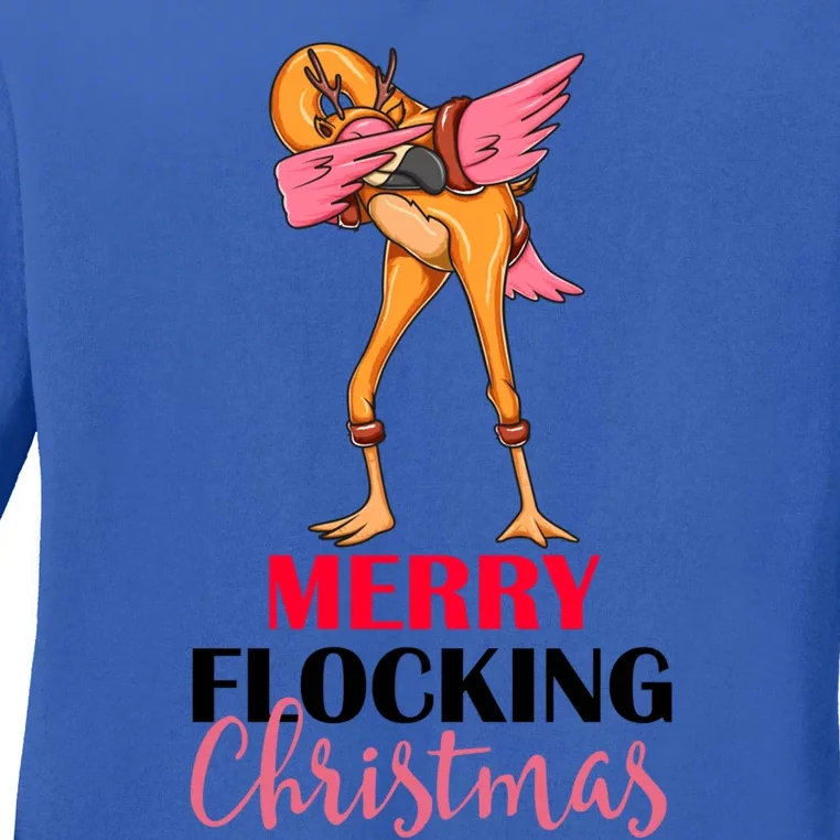 Dabbing Flamingo Reindeer Merry Flocking Christmas Pun Gift Ladies Long Sleeve Shirt