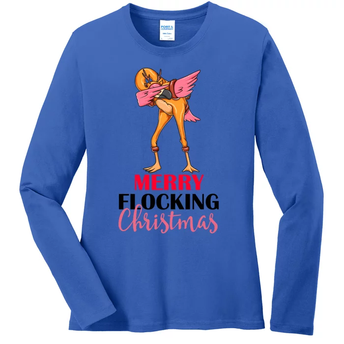 Dabbing Flamingo Reindeer Merry Flocking Christmas Pun Gift Ladies Long Sleeve Shirt