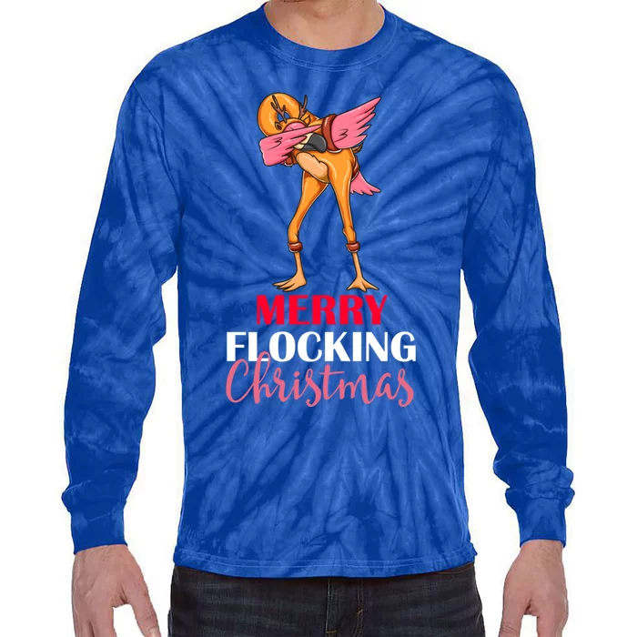 Dabbing Flamingo Reindeer Merry Flocking Christmas Pun Cute Gift Tie-Dye Long Sleeve Shirt