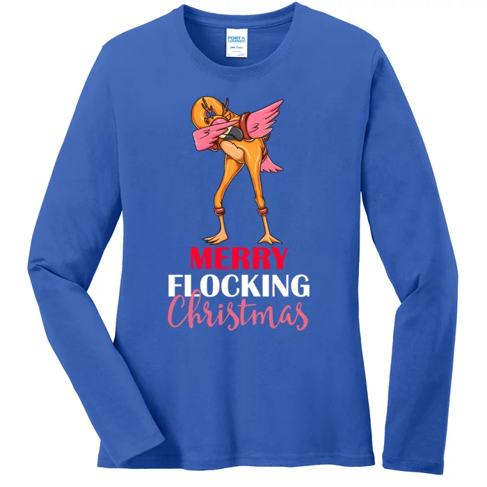 Dabbing Flamingo Reindeer Merry Flocking Christmas Pun Cute Gift Ladies Long Sleeve Shirt