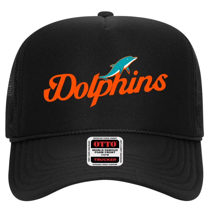 Dolphins Football Retro Gift For Miami Sport Fan High Crown Mesh Trucker Hat