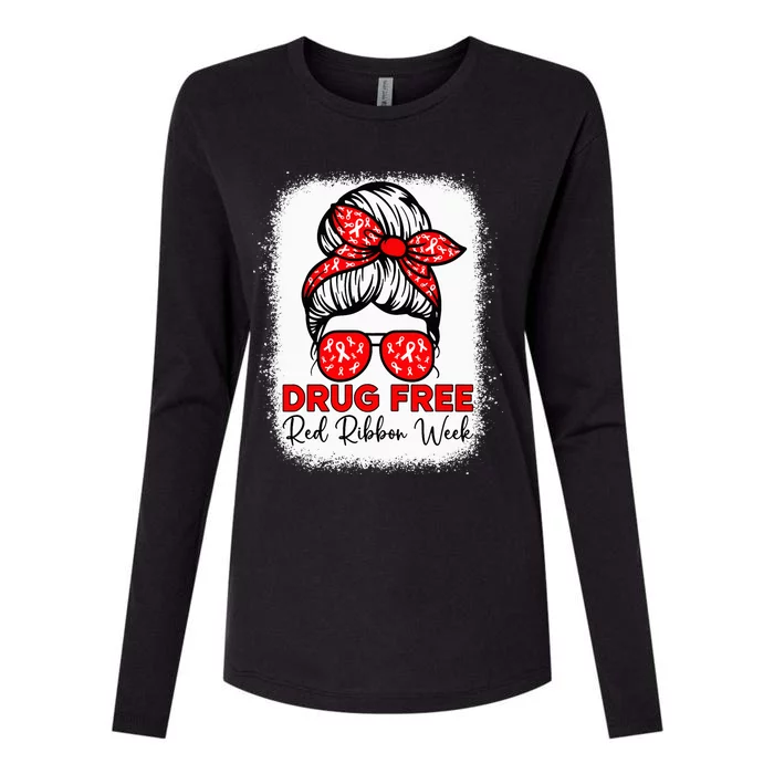 Drug Free Red Ribbon Week Awareness Messy Bun Bleached Womens Cotton Relaxed Long Sleeve T-Shirt