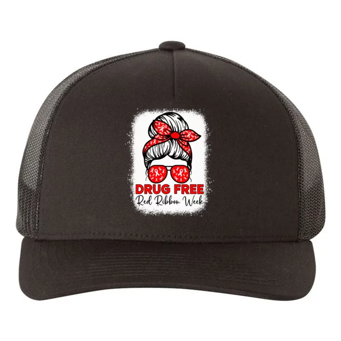 Drug Free Red Ribbon Week Awareness Messy Bun Bleached Yupoong Adult 5-Panel Trucker Hat