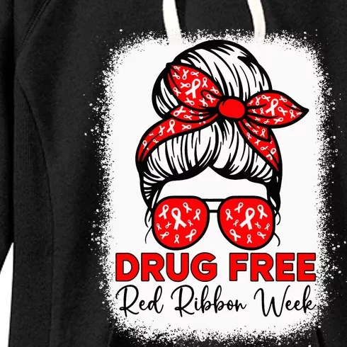 Drug Free Red Ribbon Week Awareness Messy Bun Bleached Women's Fleece Hoodie