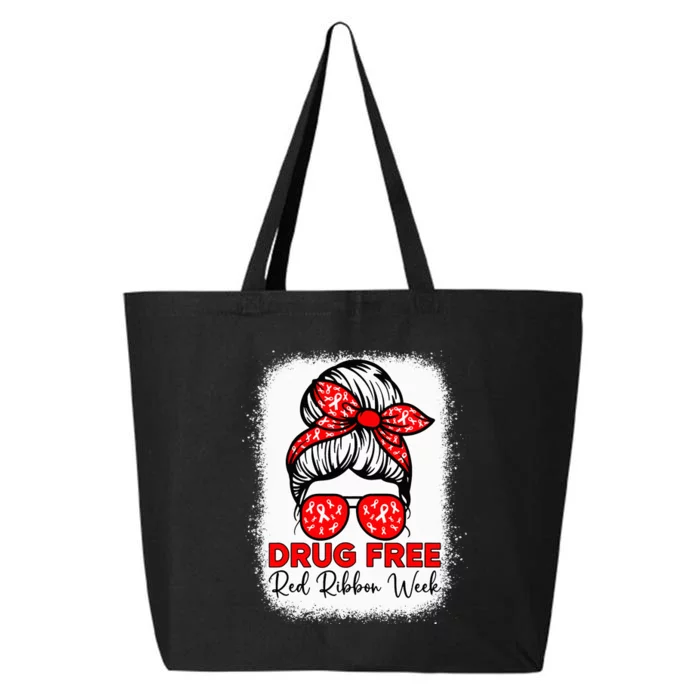 Drug Free Red Ribbon Week Awareness Messy Bun Bleached 25L Jumbo Tote