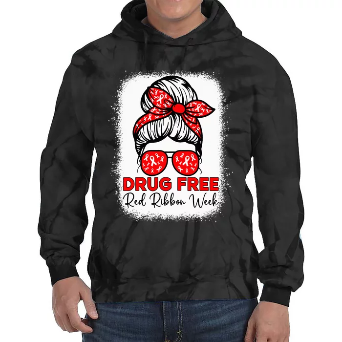 Drug Free Red Ribbon Week Awareness Messy Bun Bleached Tie Dye Hoodie