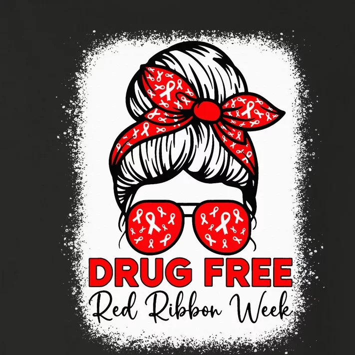 Drug Free Red Ribbon Week Awareness Messy Bun Bleached Toddler Long Sleeve Shirt