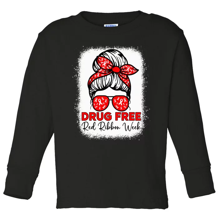 Drug Free Red Ribbon Week Awareness Messy Bun Bleached Toddler Long Sleeve Shirt