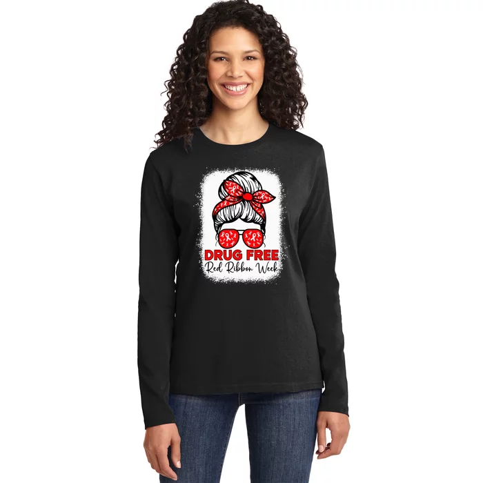 Drug Free Red Ribbon Week Awareness Messy Bun Bleached Ladies Long Sleeve Shirt