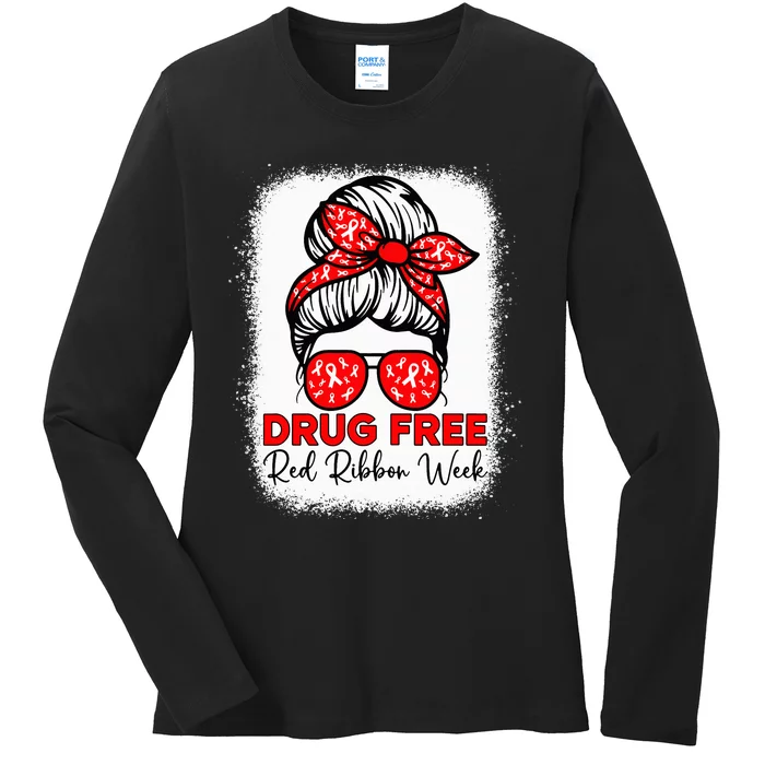 Drug Free Red Ribbon Week Awareness Messy Bun Bleached Ladies Long Sleeve Shirt