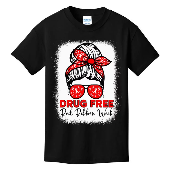 Drug Free Red Ribbon Week Awareness Messy Bun Bleached Kids T-Shirt