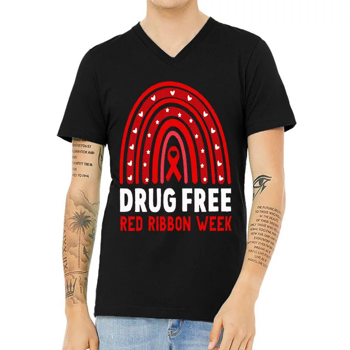 Drug Free Red Ribbon Week Awareness No To Drugs Red Rainbow V-Neck T-Shirt