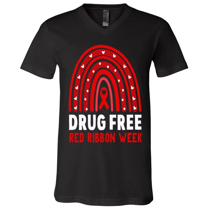 Drug Free Red Ribbon Week Awareness No To Drugs Red Rainbow V-Neck T-Shirt