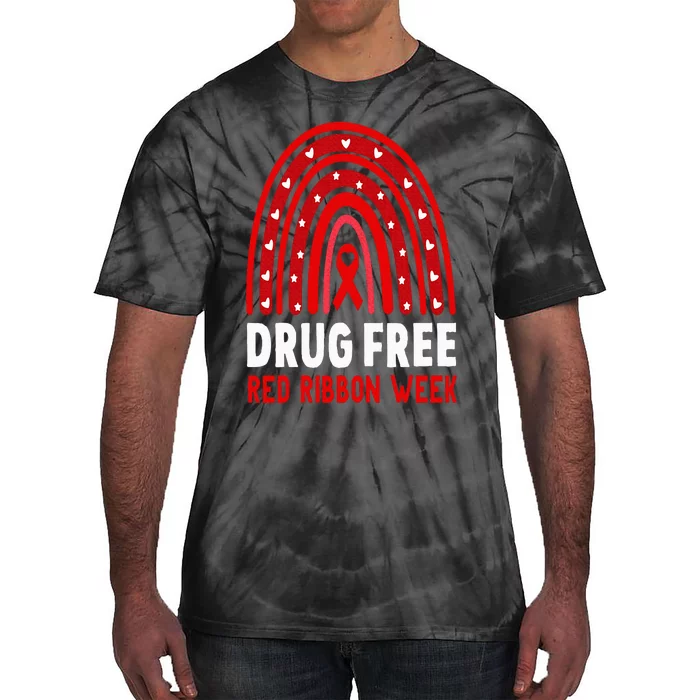 Drug Free Red Ribbon Week Awareness No To Drugs Red Rainbow Tie-Dye T-Shirt