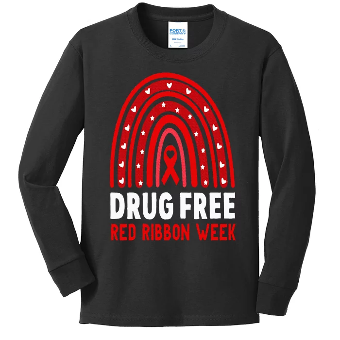 Drug Free Red Ribbon Week Awareness No To Drugs Red Rainbow Kids Long Sleeve Shirt