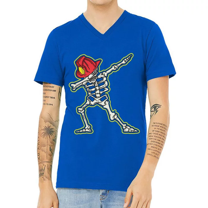 Dabbing Firefighter Skeleton Cool Scary Halloween Costume Cute Gift V-Neck T-Shirt