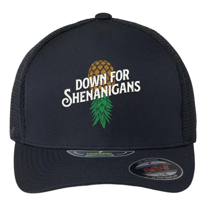 Down For Shenanigans Swinger Couple Upside Down Pineapple Flexfit Unipanel Trucker Cap