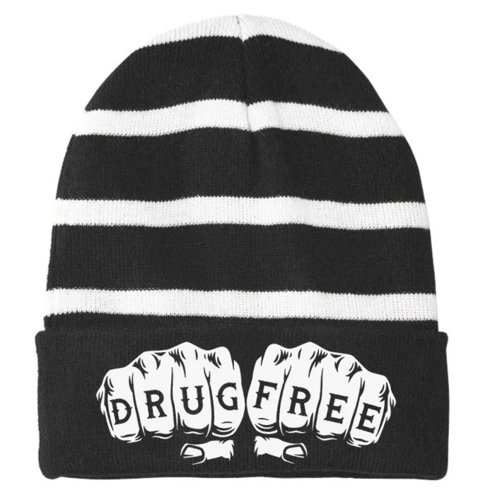 Drug Free Sober Sobriety Anniversary AA NA Striped Beanie with Solid Band