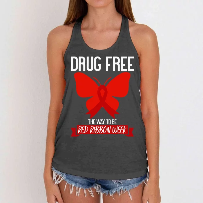 Drug Free The Way To be Red Ribbon Awareness Week butterfly Women's Knotted Racerback Tank