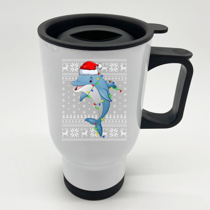 Dolphin Fish Ugly Xmas Sweater Style Santa Dolphin Christmas Meaningful Gift Front & Back Stainless Steel Travel Mug