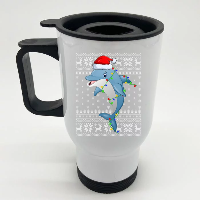 Dolphin Fish Ugly Xmas Sweater Style Santa Dolphin Christmas Meaningful Gift Front & Back Stainless Steel Travel Mug