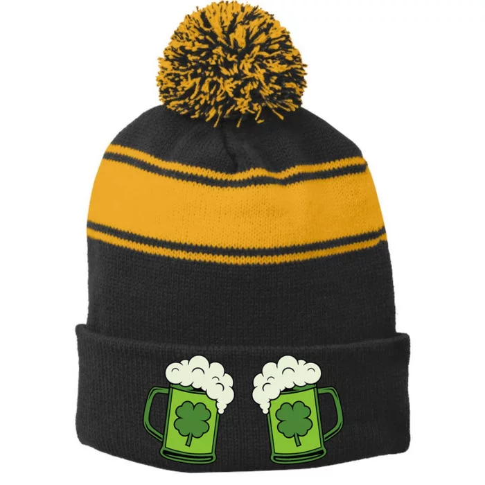 Drinking Green Beer Boobs Shamrock Irish Patricks Day Stripe Pom Pom Beanie