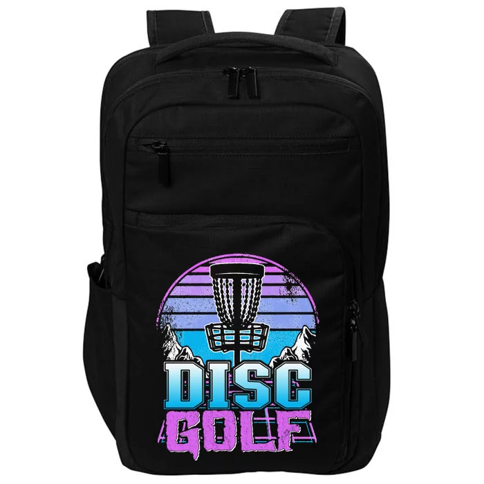 Disc Golf Basket 90s Synthwave Sunset Retrowave Frisbee Golf Impact Tech Backpack