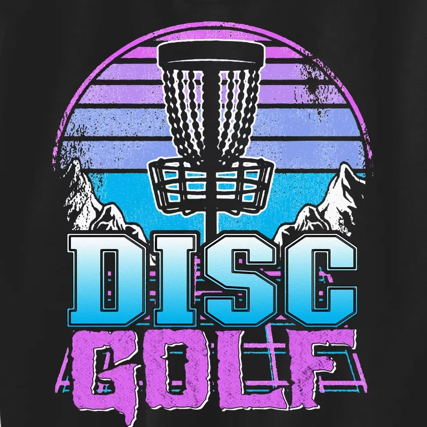 Disc Golf Basket 90s Synthwave Sunset Retrowave Frisbee Golf Kids Sweatshirt