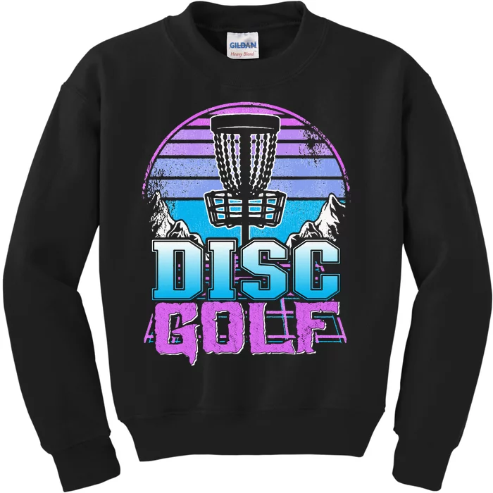 Disc Golf Basket 90s Synthwave Sunset Retrowave Frisbee Golf Kids Sweatshirt