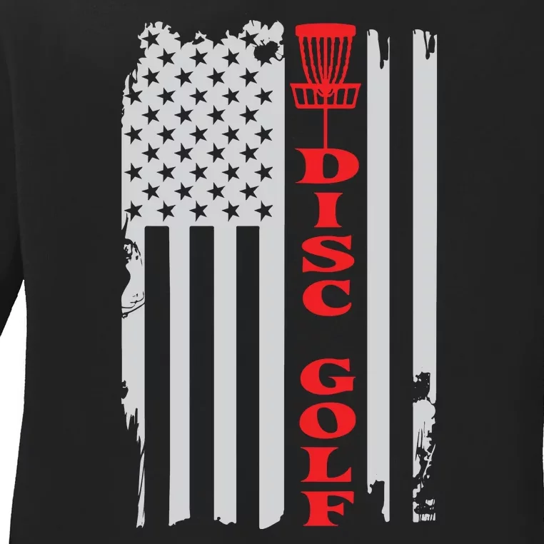 Disc Golf Basket American Flag Gift For Disc Golfers Ladies Long Sleeve Shirt