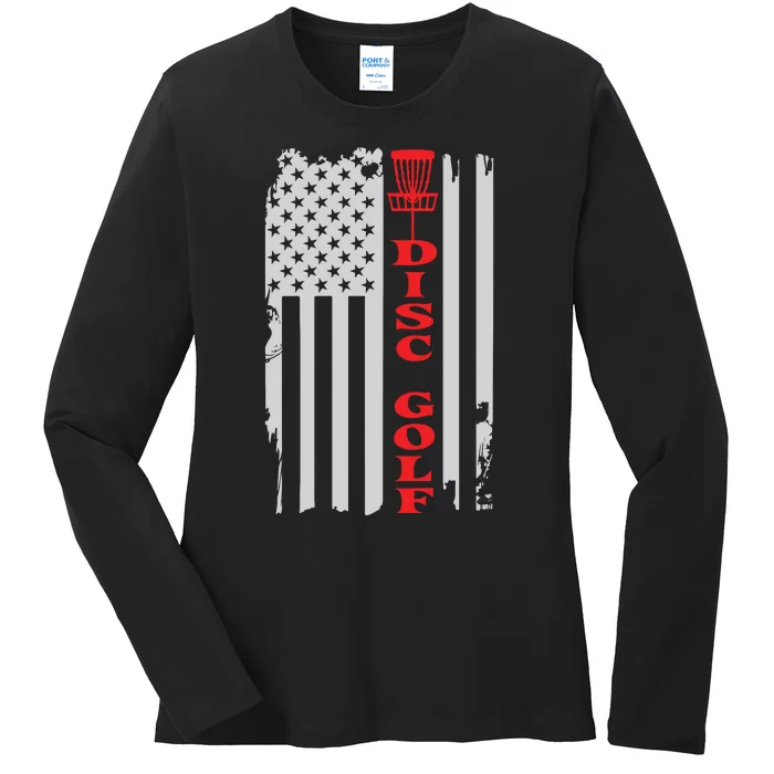 Disc Golf Basket American Flag Gift For Disc Golfers Ladies Long Sleeve Shirt