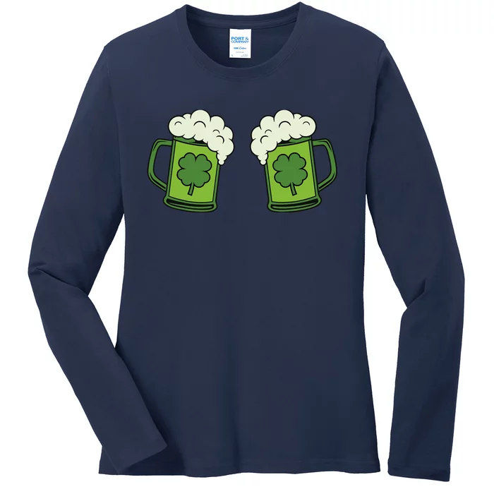 Drinking Green Beer Boobs Shamrock Irish Patricks Day Ladies Long Sleeve Shirt