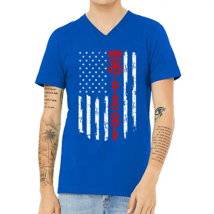 Disc Golf Basket American Flag V-Neck T-Shirt