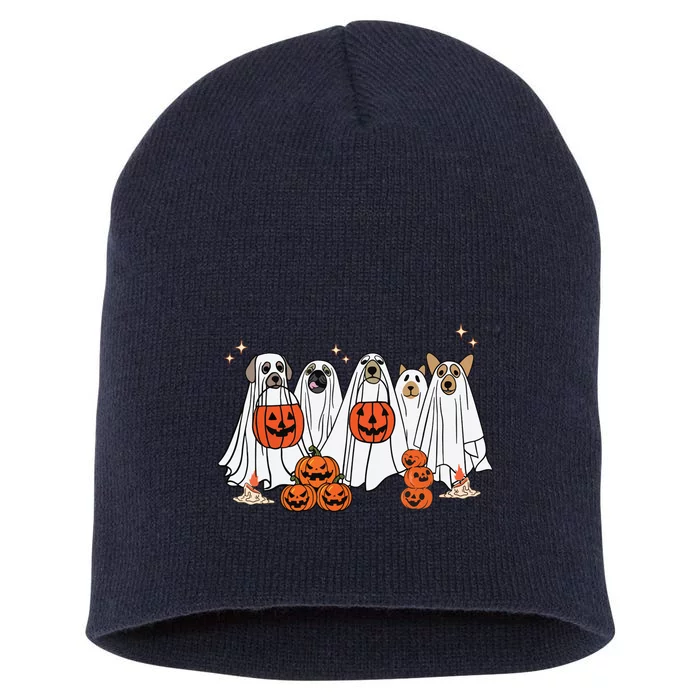 Dog Ghost Cute Dog Dressed As Ghost Funny Halloween Dog Short Acrylic Beanie