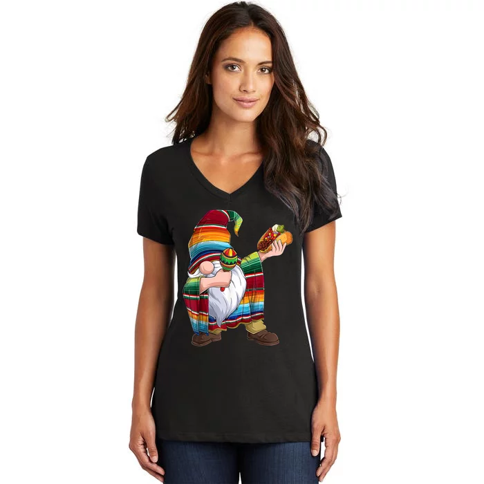 Dabbing Gnome Cinco De Mayo Taco Poncho Serape Mexican Women's V-Neck T-Shirt