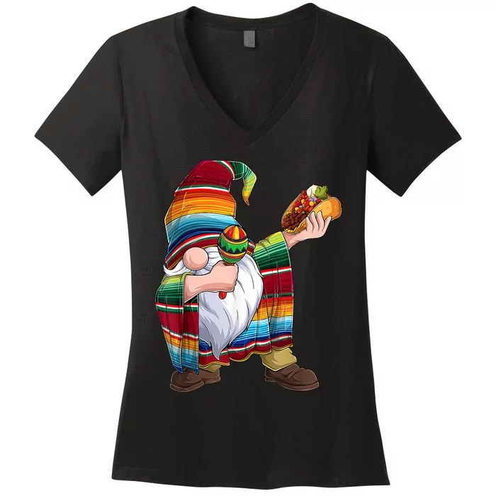 Dabbing Gnome Cinco De Mayo Taco Poncho Serape Mexican Women's V-Neck T-Shirt