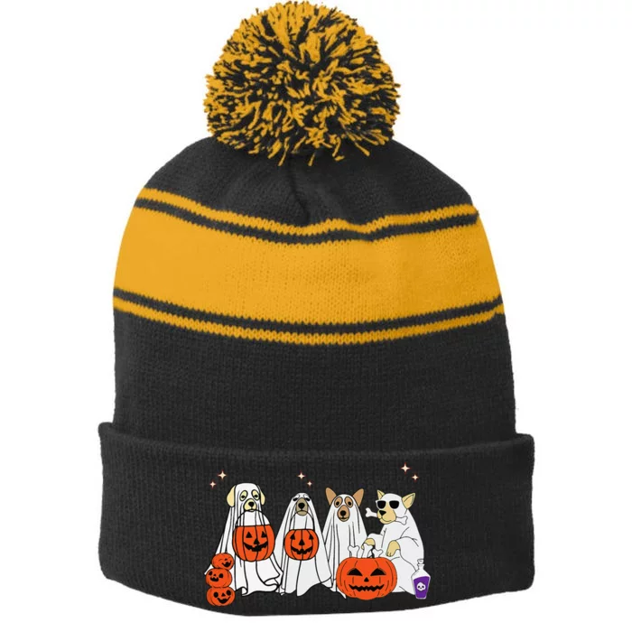 Dog Ghost Cute Dog Dressed As Ghost Funny Halloween Dog Stripe Pom Pom Beanie