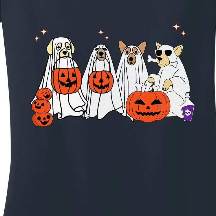 Dog Ghost Cute Dog Dressed As Ghost Funny Halloween Dog Women's V-Neck T-Shirt