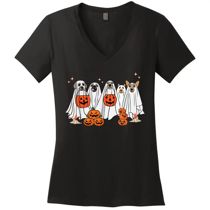 Dog Ghost Cute Dog Dressed As Ghost Funny Halloween Dog Women's V-Neck T-Shirt