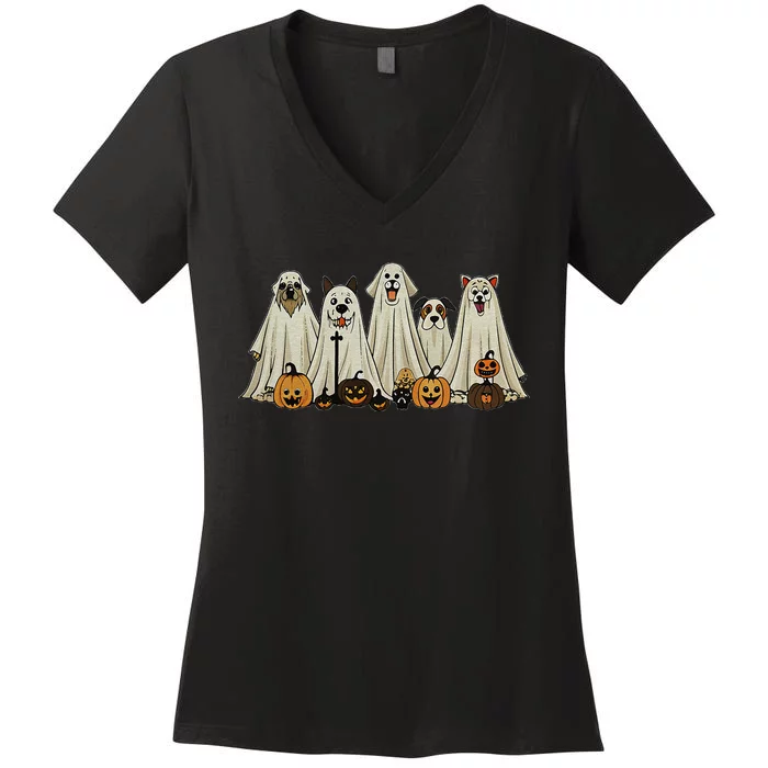 Dog Ghost Cute Dog Dressed As Ghost Funny Halloween Dog Women's V-Neck T-Shirt