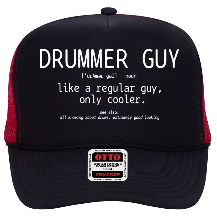 Drummer Guy Definition Funny Vintage Drums Drumming Great Gift High Crown Mesh Trucker Hat