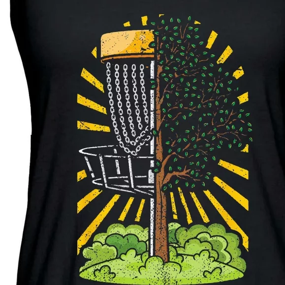 Disc Golf Frisbee Player Disc Golfer Basket Tree Distressed Ladies Essential Flowy Tank