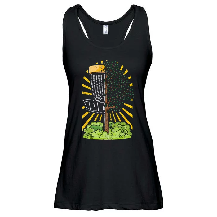 Disc Golf Frisbee Player Disc Golfer Basket Tree Distressed Ladies Essential Flowy Tank