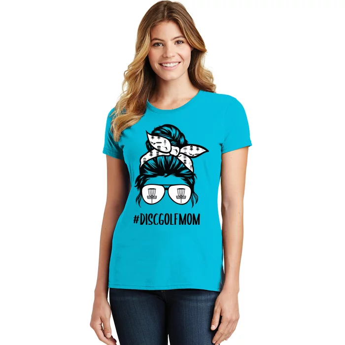 Disc Golf Mom Life Messy Bun Hair Glasses Funny Gift Women's T-Shirt