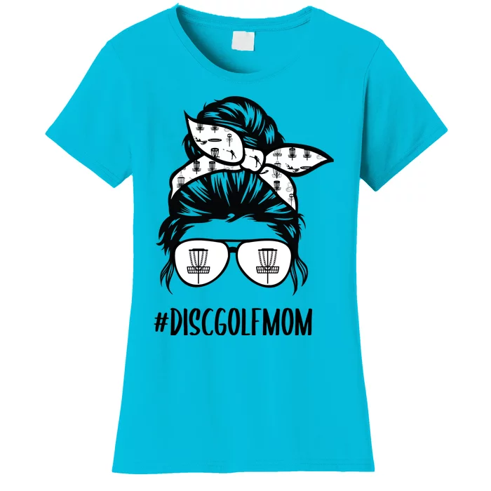 Disc Golf Mom Life Messy Bun Hair Glasses Funny Gift Women's T-Shirt