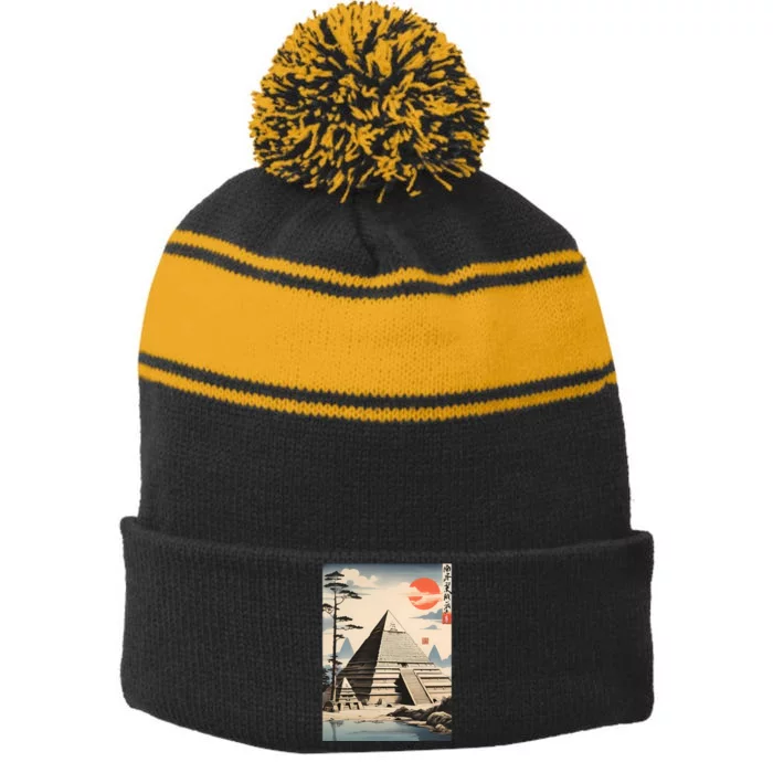 Drawing Giza Pyramid Japanes Style Stripe Pom Pom Beanie