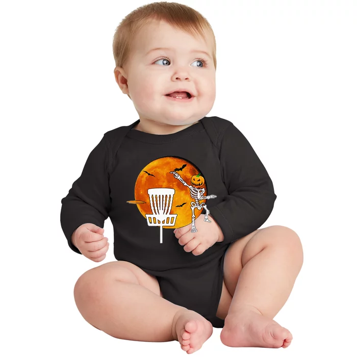 Disc Golf Player Lover Funny Halloween Pumpkin Skeleton Baby Long Sleeve Bodysuit